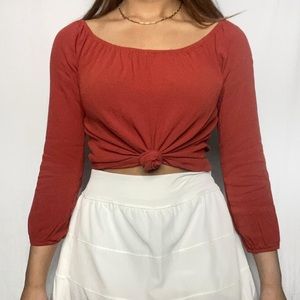 SOLD - Francesca’s - Red Orange 3/4 Long Sleeved Scoop Boat Neckline Blouse